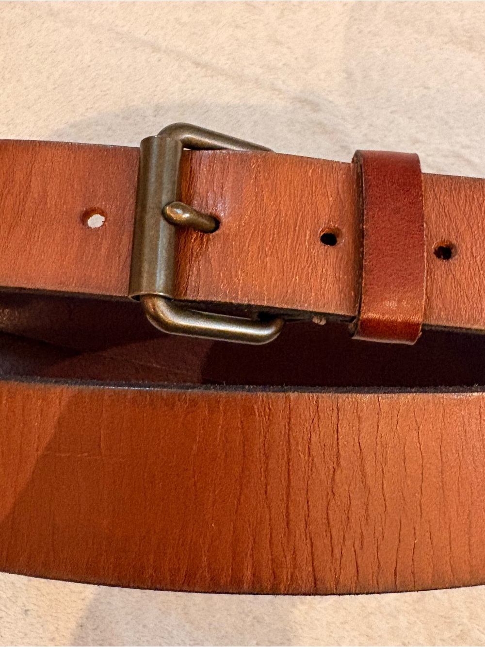 Lands' End Tan Leather Belt with Antique Brass-Tone Roller Buckle Sz 40